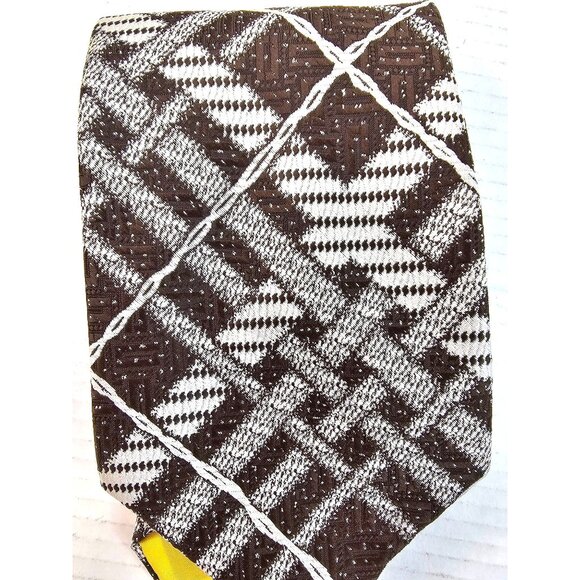 Brown & White Plaid Patterned Tie With Yellow Accent By Liebert - Picture 4 of 9